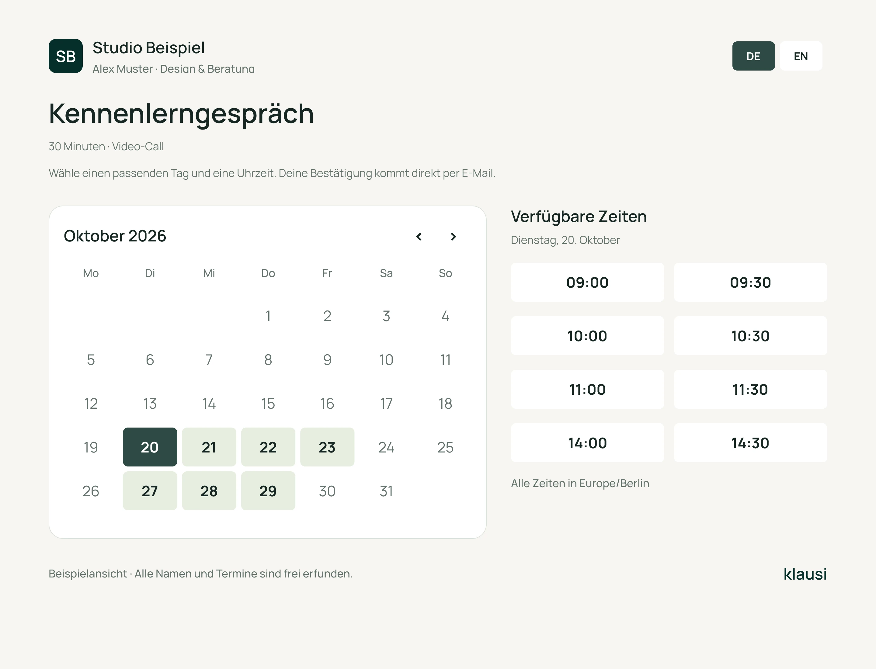 Freie Zeit wählen. Termin buchen. Designvorschau mit Beispieldaten · deutsche Oberfläche.