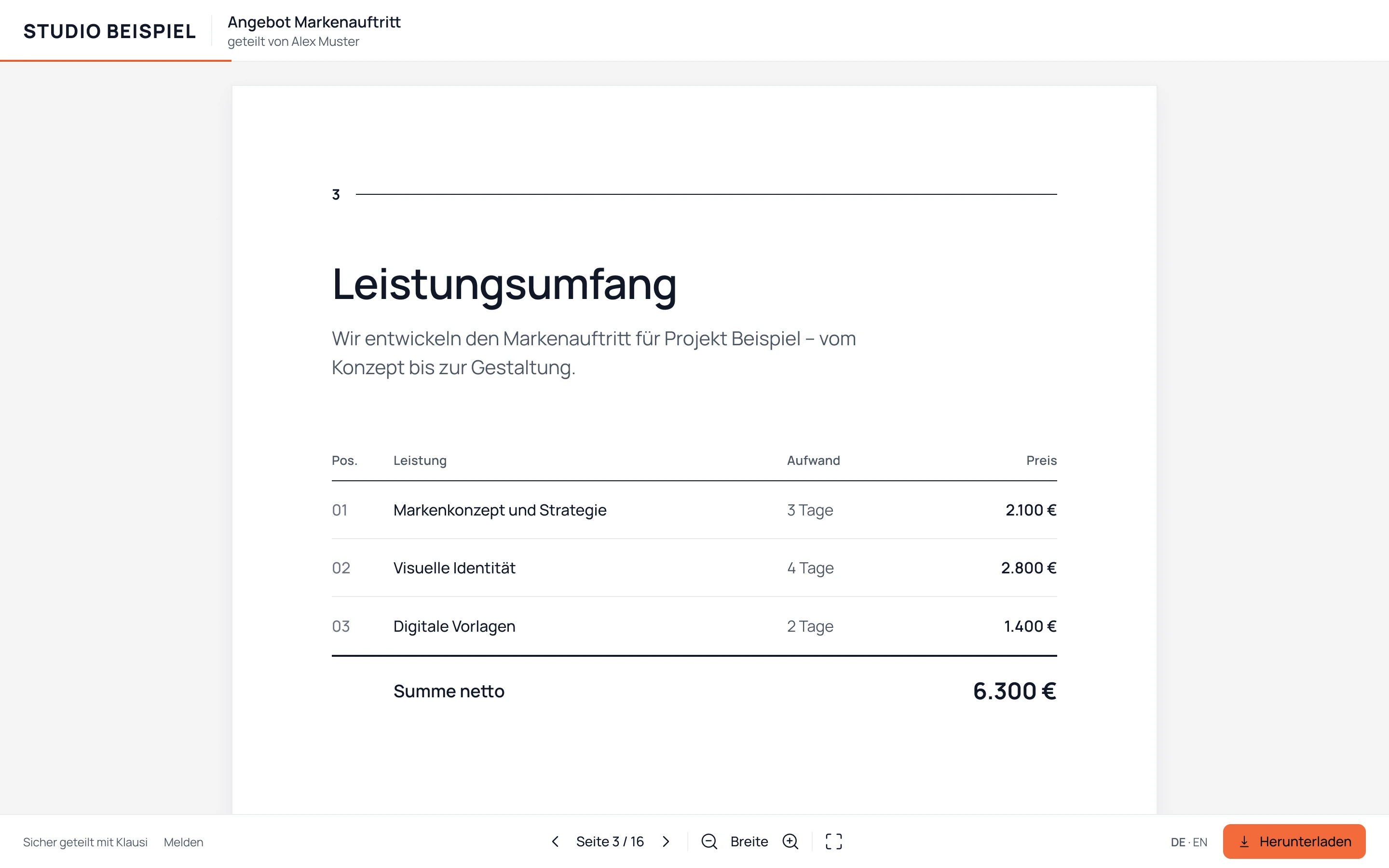 Dein Dokument direkt im Browser. Designvorschau mit Beispieldaten.