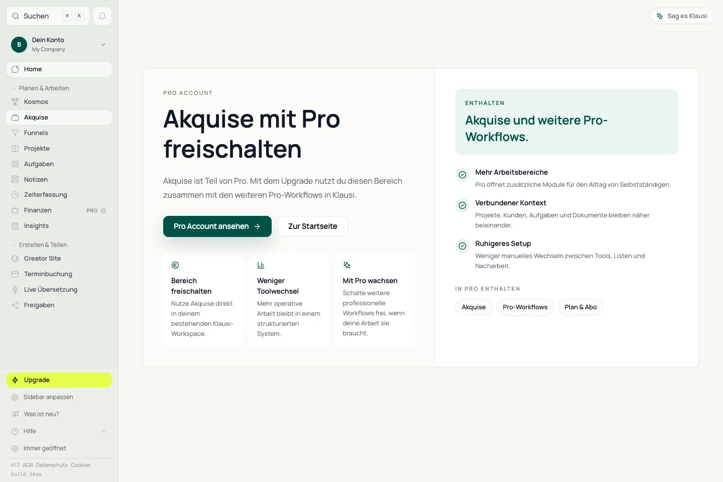 Pipeline-Board: Die Konsole wählt Fokus, Eingang, Archiv oder Pipeline; rechts arbeitest du am Board.