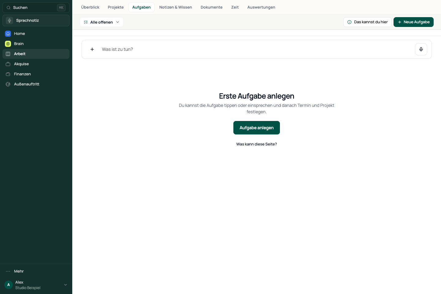 Aufgabenansicht vor der ersten Aufgabe.