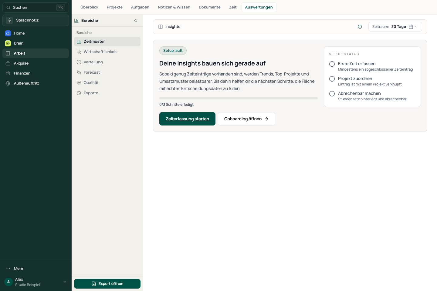 Auswertungen mit den verfügbaren Bereichen und den Voraussetzungen für erste Insights.