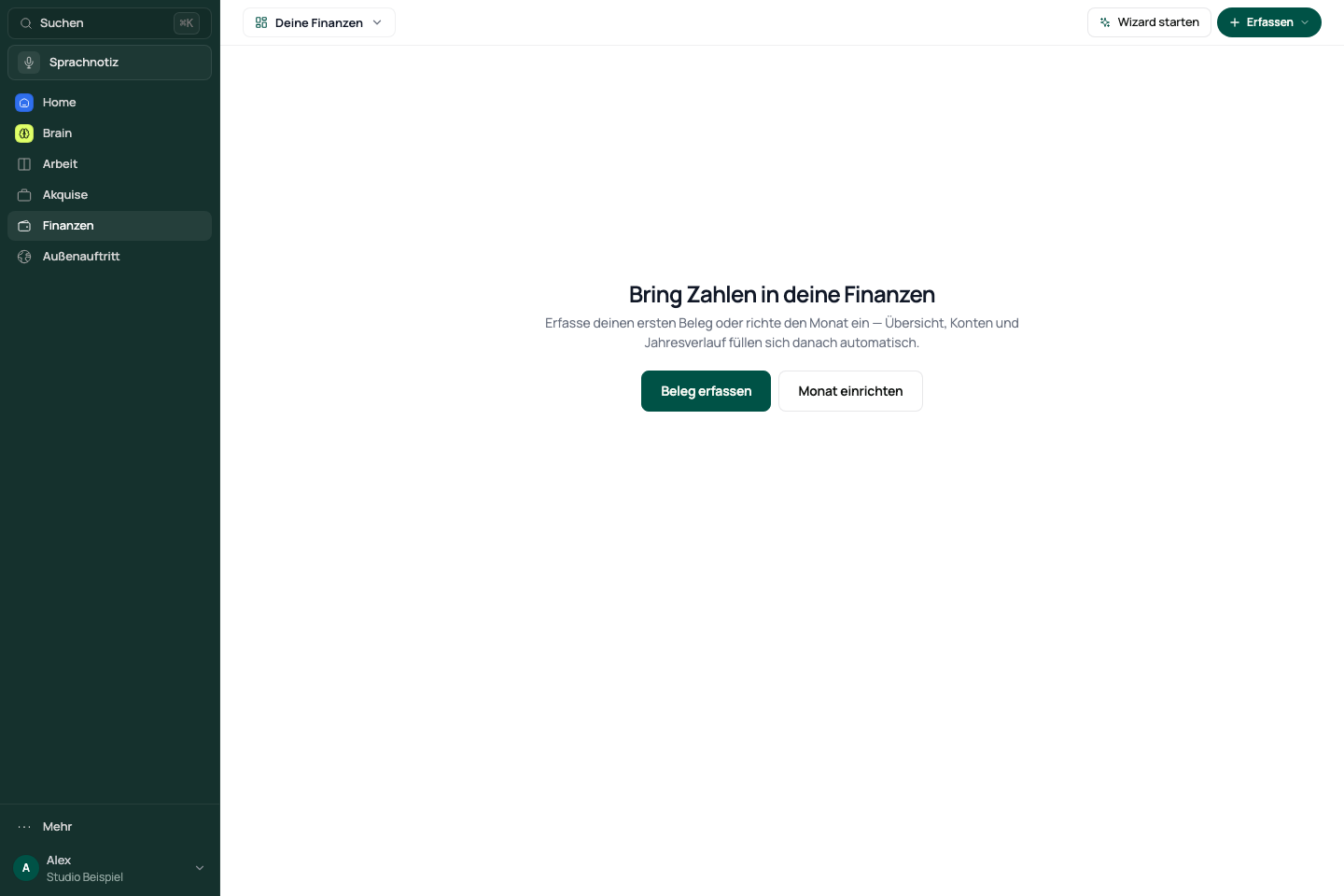 Finanzübersicht vor dem ersten Import oder Beleg.