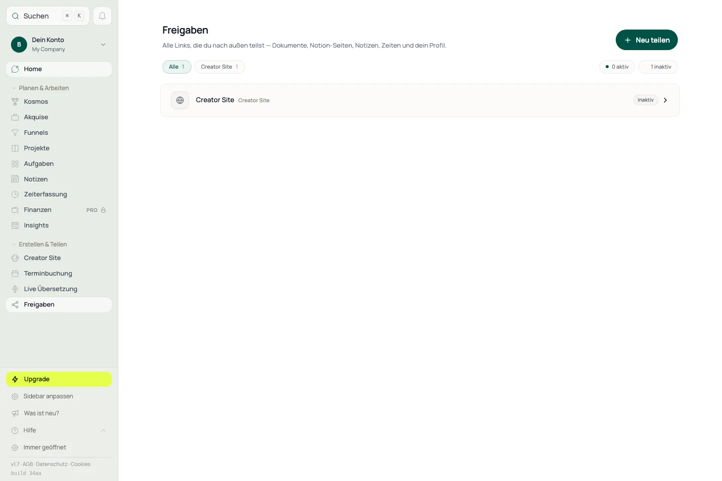 Freigaben-Hub: Filter zeigen Typ und Status, Zeilen führen zur Quelle oder Verwaltung.