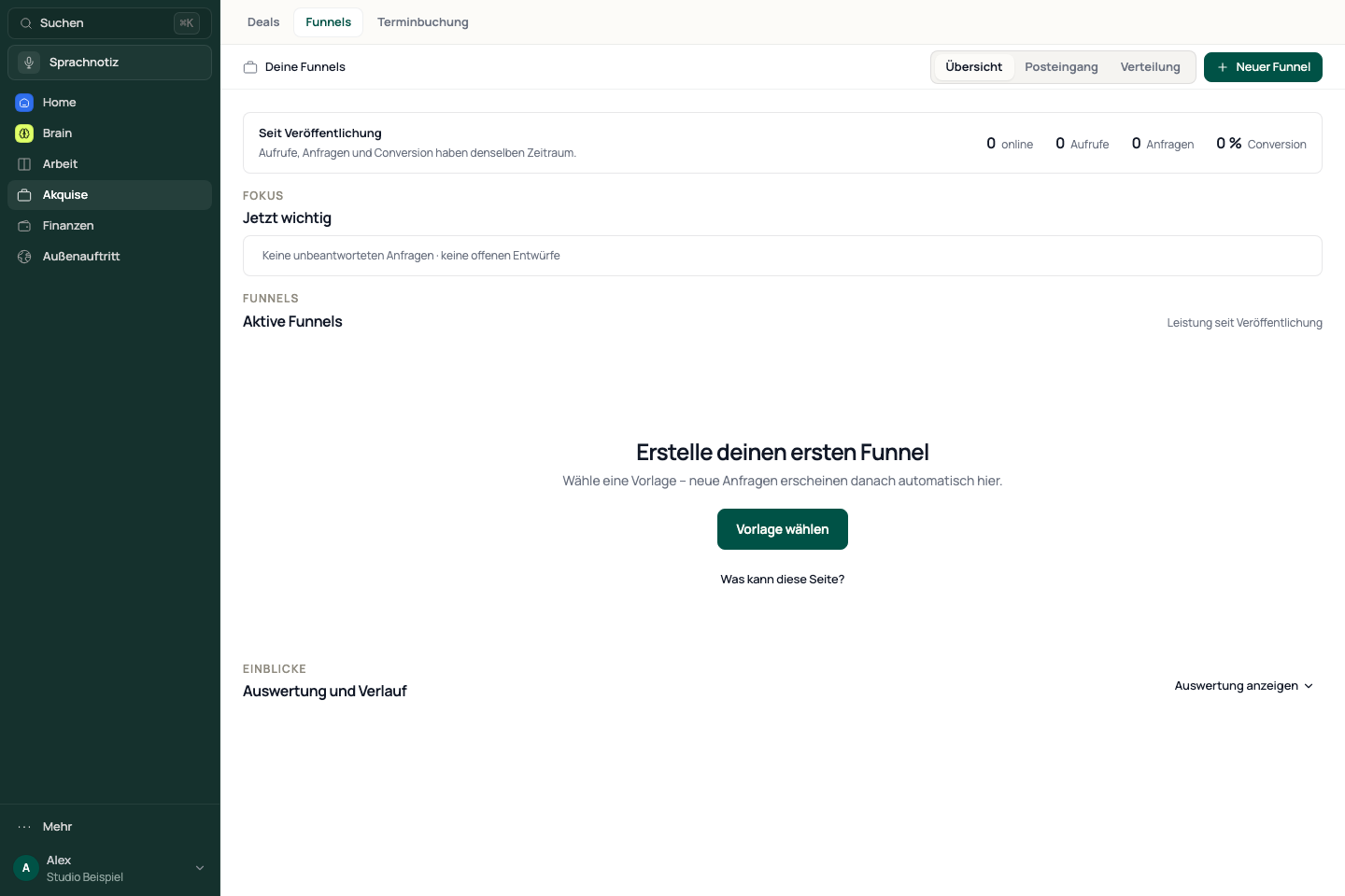 Funnelübersicht mit Posteingang, Verteilung und dem Einstieg über Vorlagen.