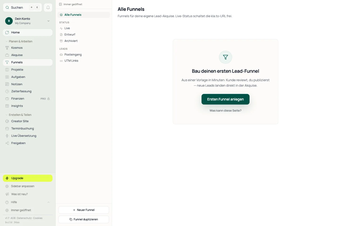 Funnels-Hub: Status, Leads und Kundenfilter sitzen links; Liste, Tabelle oder Editor rechts.
