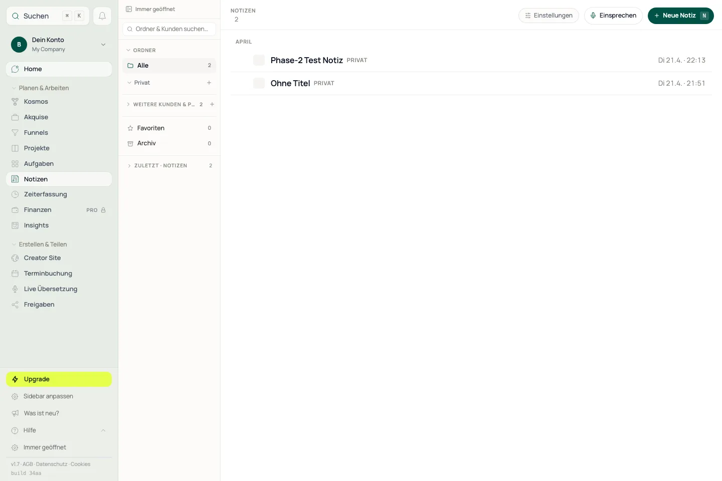 Notizen-Workspace: Liste, Editor und Detailkontext arbeiten zusammen.