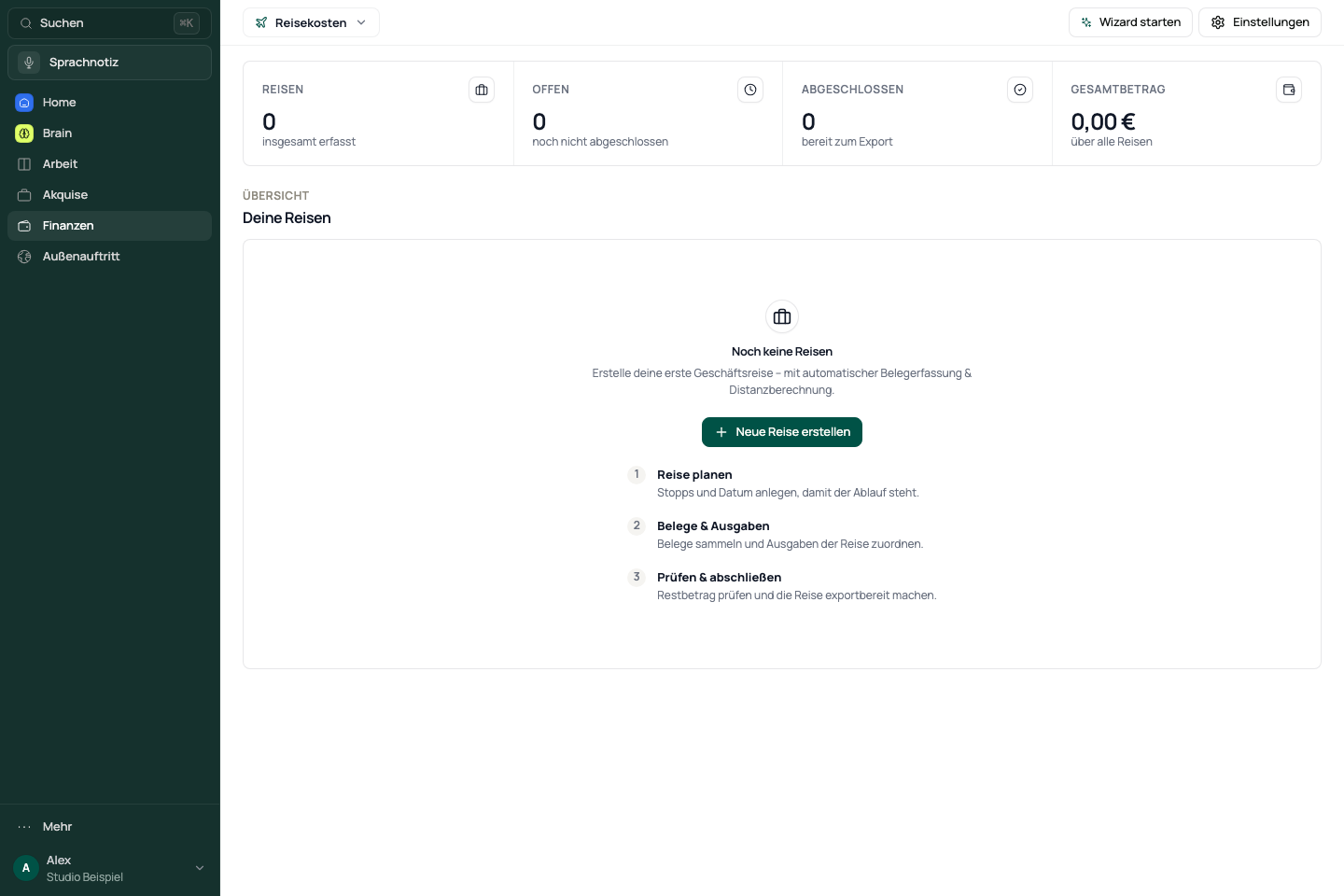 Reisekosten mit der Aktion Neue Reise erstellen und den drei Arbeitsschritten.