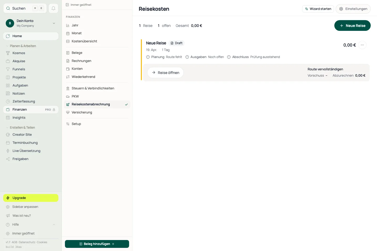 Reisekosten-Modul: Fahrt, Beleg und Pauschalen werden als Finanzkontext gesammelt.