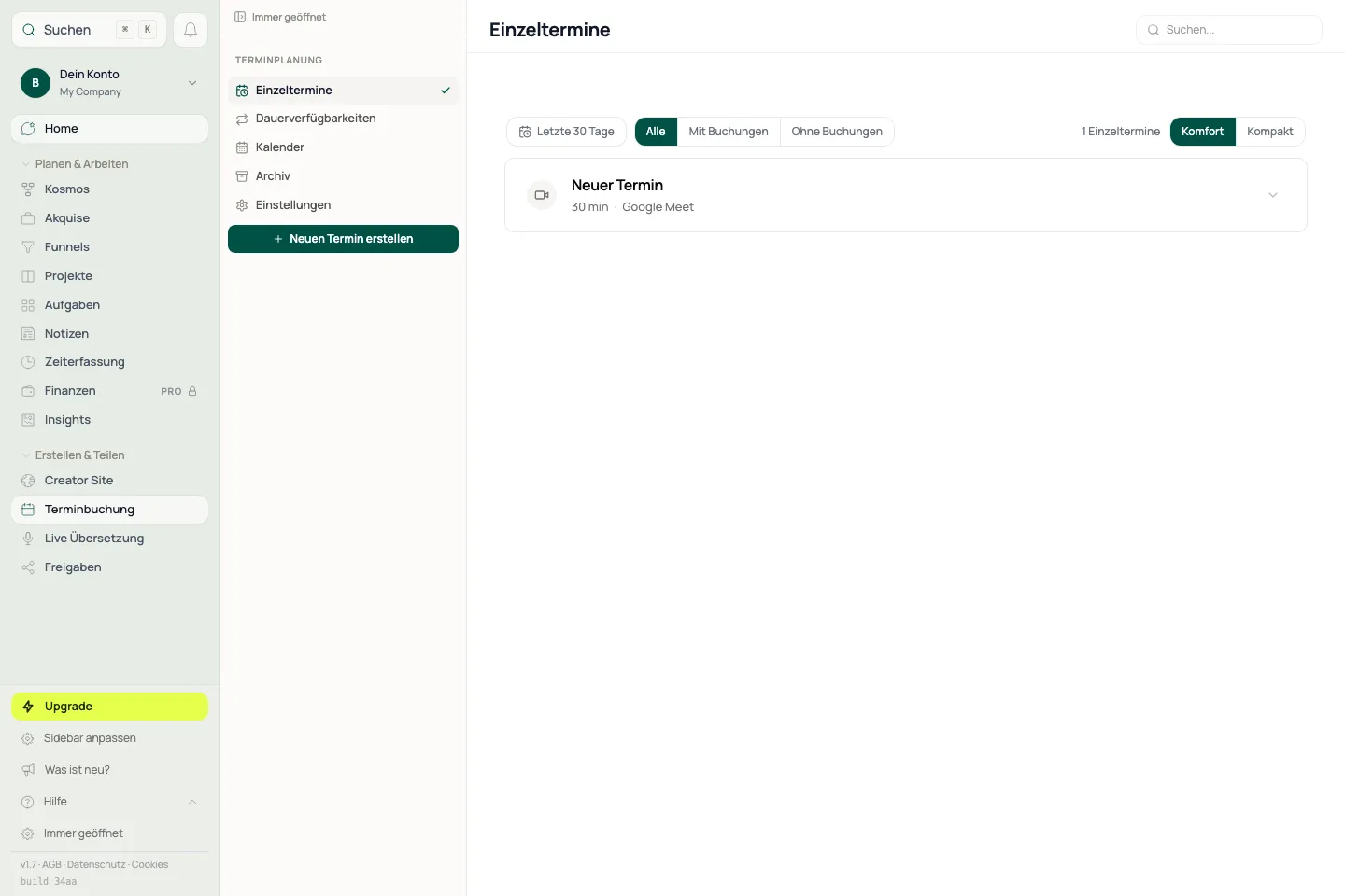 Scheduling-Workspace: Übersicht und Detailmodus haben eigene Seitenleisten.