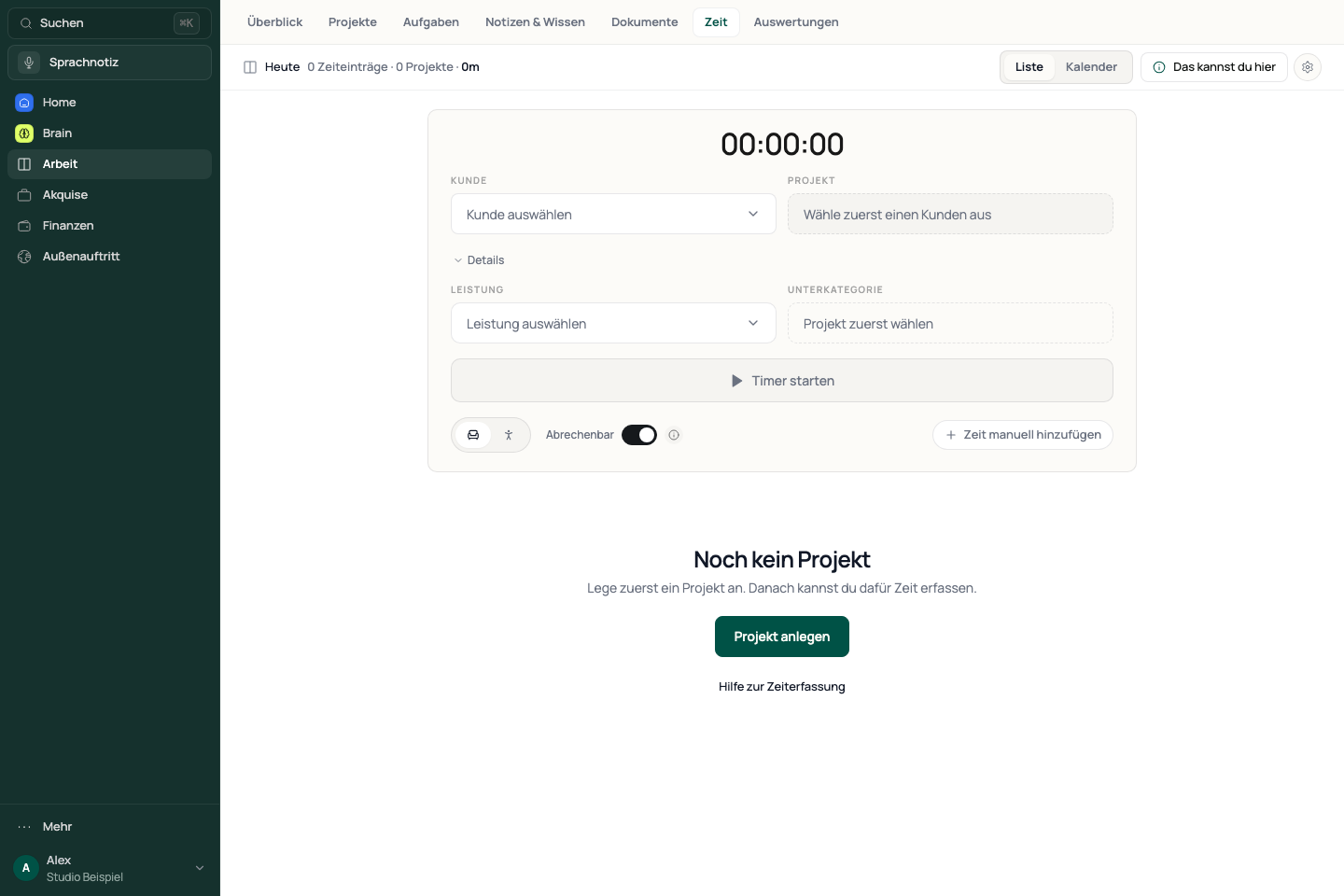Zeiterfassung mit Kunden- und Projektauswahl und dem Timer.