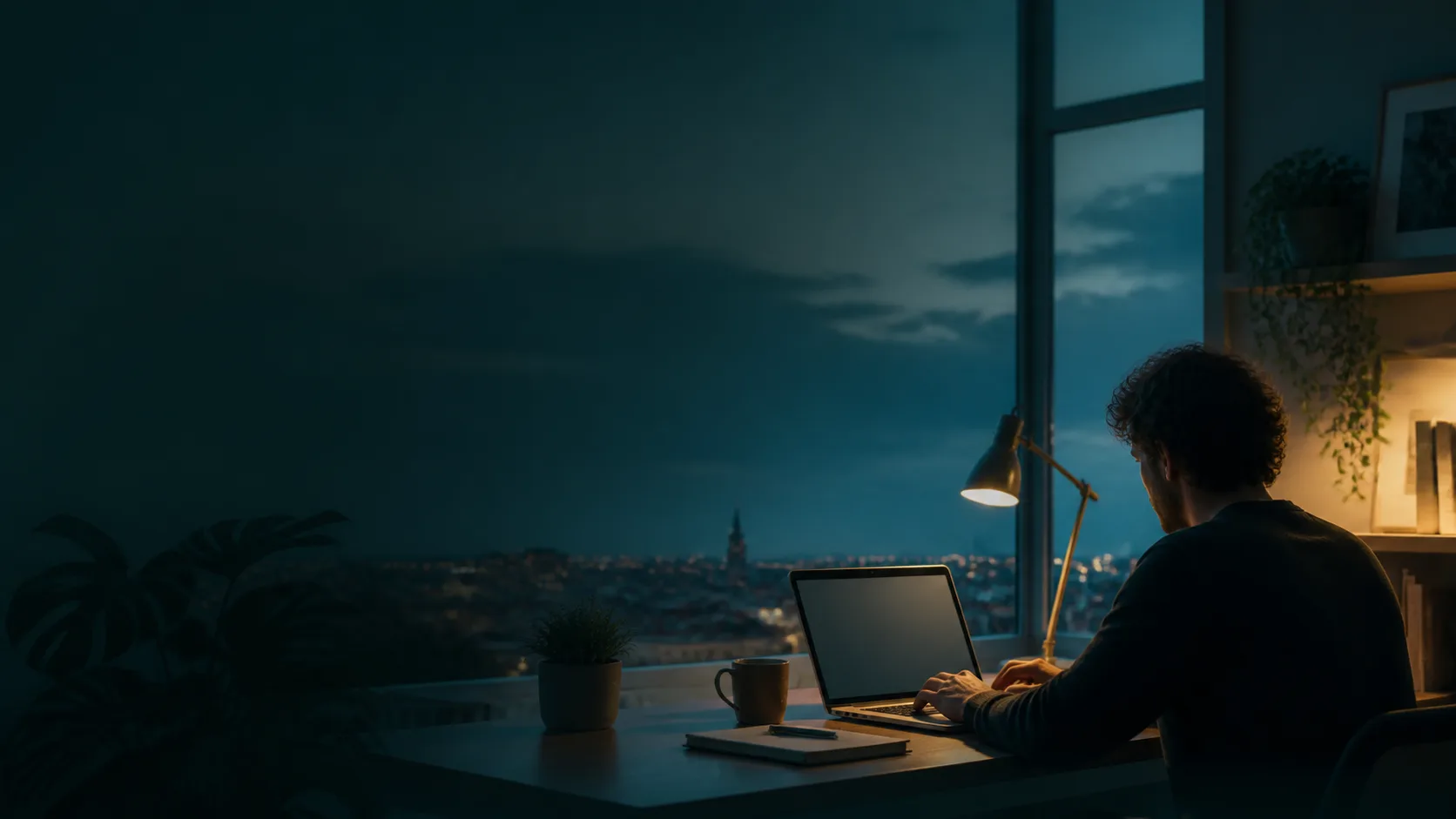 Selbstständiger arbeitet am Laptop in einem ruhigen Homeoffice bei Abendlicht