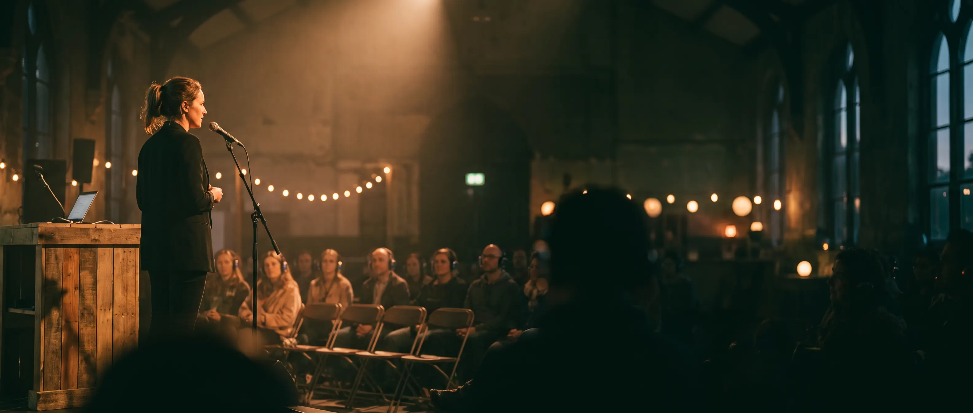 A speaker on a small stage at dusk, with an audience in front of her