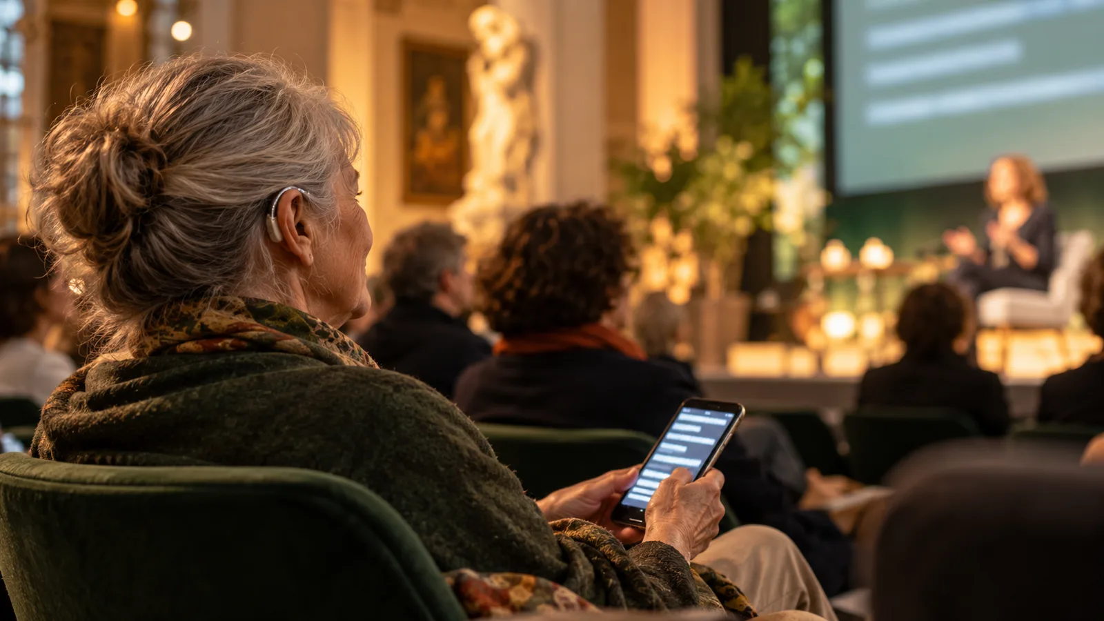 Eine Besucherin verfolgt einen Kulturvortrag mit einem Smartphone in der Hand.
