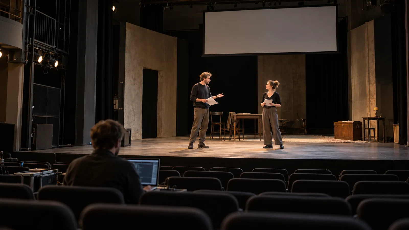 Theaterprobe mit zwei Personen auf der Bühne und einem Techniker im Zuschauerraum.